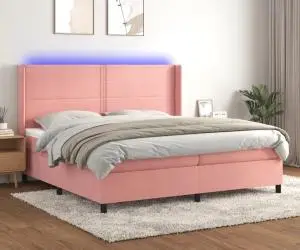 vidaXL Pat continental cu saltea & LED, roz, 200x200 cm, catifea