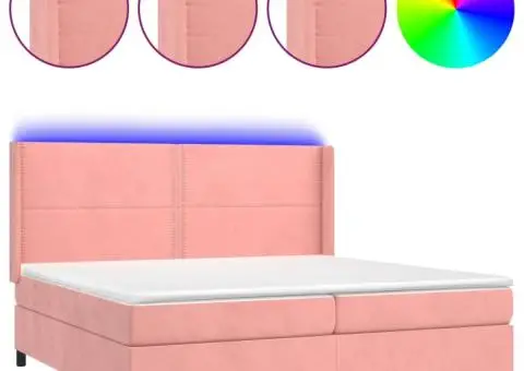Pat continental cu saltea & LED, roz, 200x200 cm, catifea - 2/5