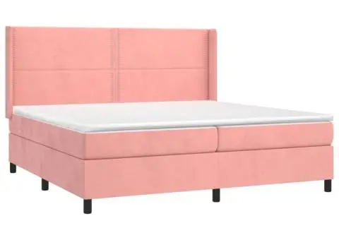 Pat continental cu saltea & LED, roz, 200x200 cm, catifea - 4/5