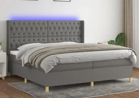 Pat cu arcuri, saltea și LED, gri închis, 200x200 cm, textil - 1/5