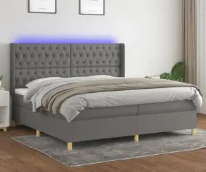 vidaXL Pat cu arcuri, saltea și LED, gri închis, 200x200 cm, textil