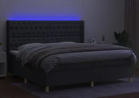 Pat cu arcuri, saltea și LED, gri închis, 200x200 cm, textil - 3/5