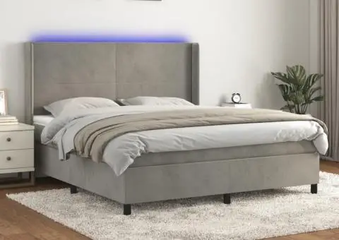Pat cu arcuri, saltea și LED, gri deschis, 160x200 cm, catifea - 1/5