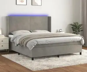vidaXL Pat cu arcuri, saltea și LED, gri deschis, 160x200 cm, catifea