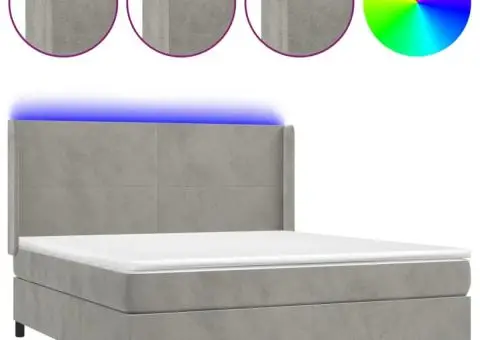 Pat cu arcuri, saltea și LED, gri deschis, 160x200 cm, catifea - 2/5