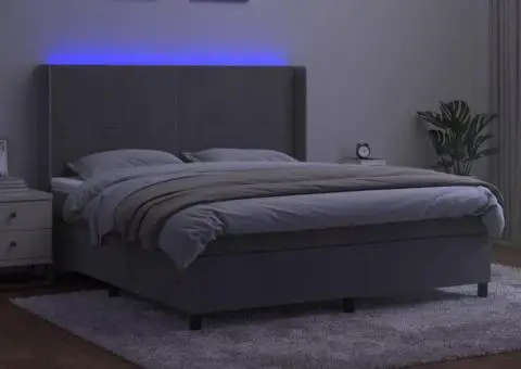 Pat cu arcuri, saltea și LED, gri deschis, 160x200 cm, catifea - 3/5