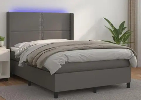 Pat cu arcuri, saltea și LED, gri, 140x200 cm, piele eco - 1/5