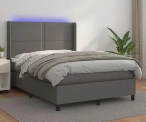 vidaXL Pat cu arcuri, saltea și LED, gri, 140x200 cm, piele eco
