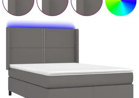 Pat cu arcuri, saltea și LED, gri, 140x200 cm, piele eco - 2/5