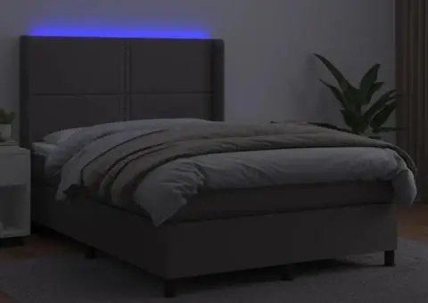 Pat cu arcuri, saltea și LED, gri, 140x200 cm, piele eco - 3/5