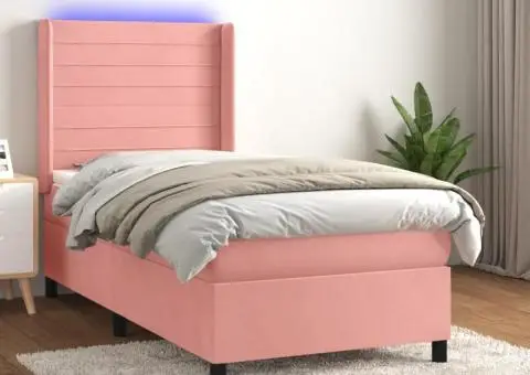 Pat continental cu saltea & LED, roz, 80x200 cm, catifea - 1/5