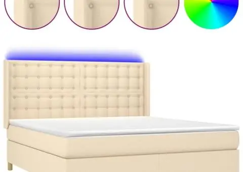 Pat cu arcuri, saltea și LED, crem, 160x200 cm, textil - 2/5