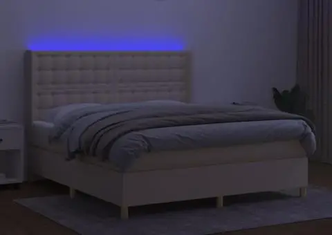 Pat cu arcuri, saltea și LED, crem, 160x200 cm, textil - 3/5