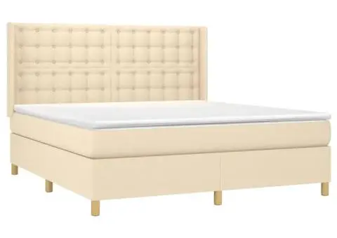 Pat cu arcuri, saltea și LED, crem, 160x200 cm, textil - 4/5