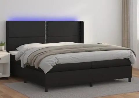 Pat cu arcuri, saltea și LED, negru, 200x200cm, piele ecologică - 1/5