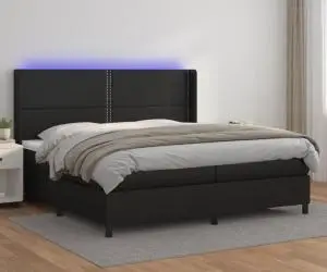 vidaXL Pat cu arcuri, saltea și LED, negru, 200x200cm, piele ecologică