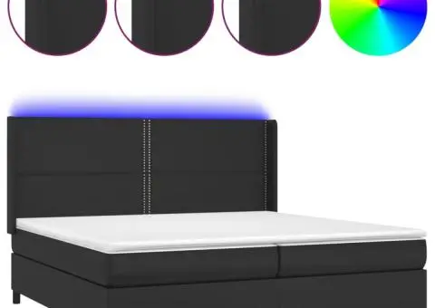 Pat cu arcuri, saltea și LED, negru, 200x200cm, piele ecologică - 2/5