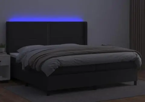 Pat cu arcuri, saltea și LED, negru, 200x200cm, piele ecologică - 3/5