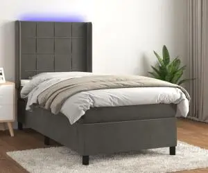 vidaXL Pat cu arcuri, saltea și LED, gri închis, 90x200 cm, catifea