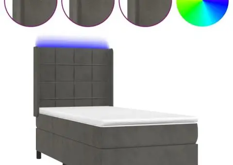 Pat cu arcuri, saltea și LED, gri închis, 90x200 cm, catifea - 2/5