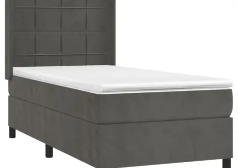 Pat cu arcuri, saltea și LED, gri închis, 90x200 cm, catifea - 4/5