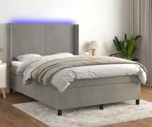 vidaXL Pat cu arcuri, saltea și LED, gri deschis, 140x200 cm, catifea