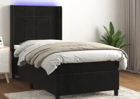 Pat cu arcuri, saltea și LED, negru, 90x190 cm, catifea - 1/5