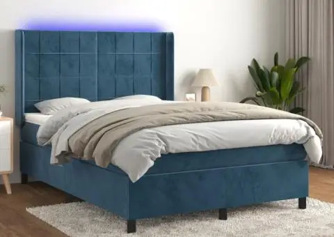 Pat cu arcuri, saltea și LED, bleumarin, 140x190 cm, catifea - 1/5