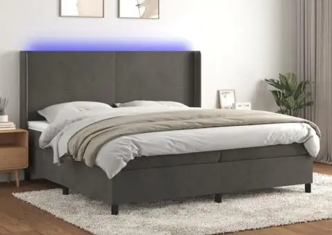 Pat cu arcuri, saltea și LED, gri închis, 200x200 cm, catifea - 1/5