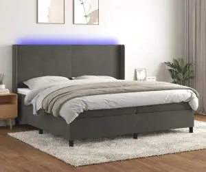 vidaXL Pat cu arcuri, saltea și LED, gri închis, 200x200 cm, catifea