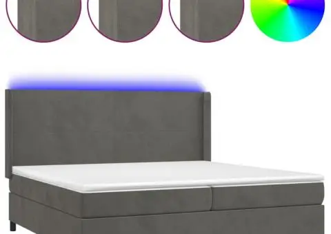 Pat cu arcuri, saltea și LED, gri închis, 200x200 cm, catifea - 2/5