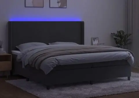 Pat cu arcuri, saltea și LED, gri închis, 200x200 cm, catifea - 3/5