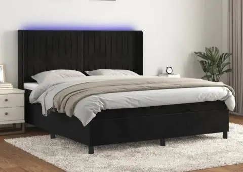 Pat cu arcuri, saltea și LED, negru, 180x200 cm, catifea - 1/5