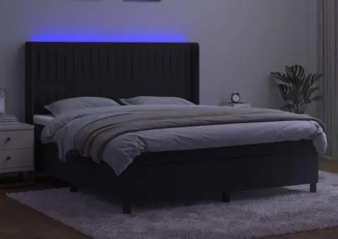 Pat cu arcuri, saltea și LED, negru, 180x200 cm, catifea - 3/5