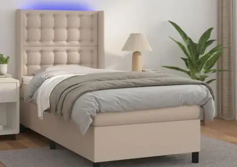 Pat cu arcuri, cu saltea și LED cappuccino 90x190 cm, piele eco - 1/5