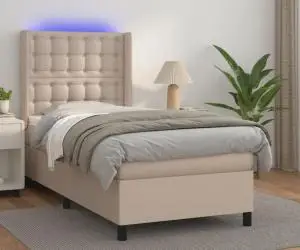 Pat cu arcuri, cu saltea și LED cappuccino 90x190 cm, piele eco