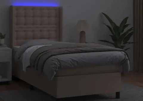 Pat cu arcuri, cu saltea și LED cappuccino 90x190 cm, piele eco - 3/5