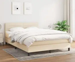 vidaXL Pat box spring cu saltea, crem, 140x200 cm, textil