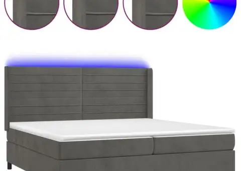 Pat cu arcuri, saltea și LED, gri închis, 200x200 cm, catifea - 2/5