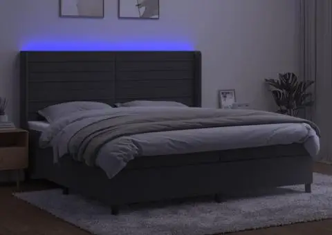 Pat cu arcuri, saltea și LED, gri închis, 200x200 cm, catifea - 3/5