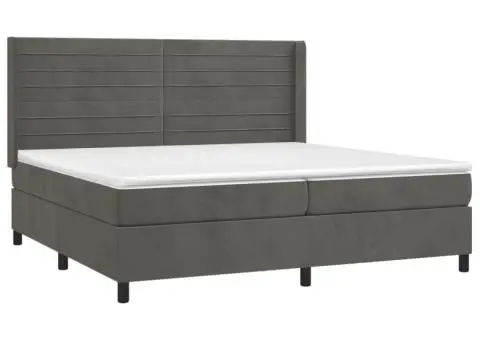 Pat cu arcuri, saltea și LED, gri închis, 200x200 cm, catifea - 4/5