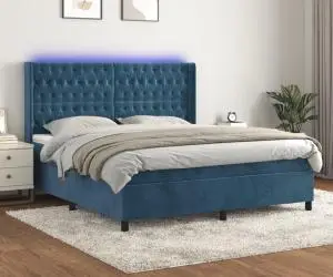 vidaXL Pat cu arcuri, saltea și LED, bleumarin, 160x200 cm, catifea