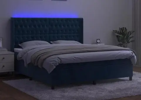 Pat cu arcuri, saltea și LED, bleumarin, 160x200 cm, catifea - 3/5