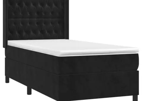 Pat cu arcuri, saltea și LED, negru, 100x200 cm, catifea - 4/5