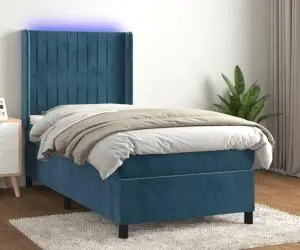 vidaXL Pat cu arcuri, saltea și LED, bleumarin, 90x190 cm, catifea