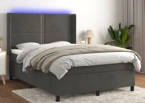 Pat cu arcuri, saltea și LED, gri închis, 140x190 cm, catifea - 1/5