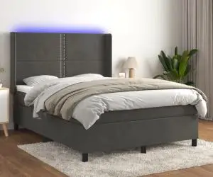 vidaXL Pat cu arcuri, saltea și LED, gri închis, 140x190 cm, catifea