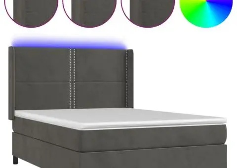 Pat cu arcuri, saltea și LED, gri închis, 140x190 cm, catifea - 2/5