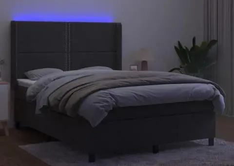 Pat cu arcuri, saltea și LED, gri închis, 140x190 cm, catifea - 3/5