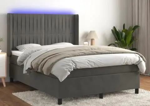 Pat cu arcuri, saltea și LED, gri închis, 140x200 cm, catifea - 1/5